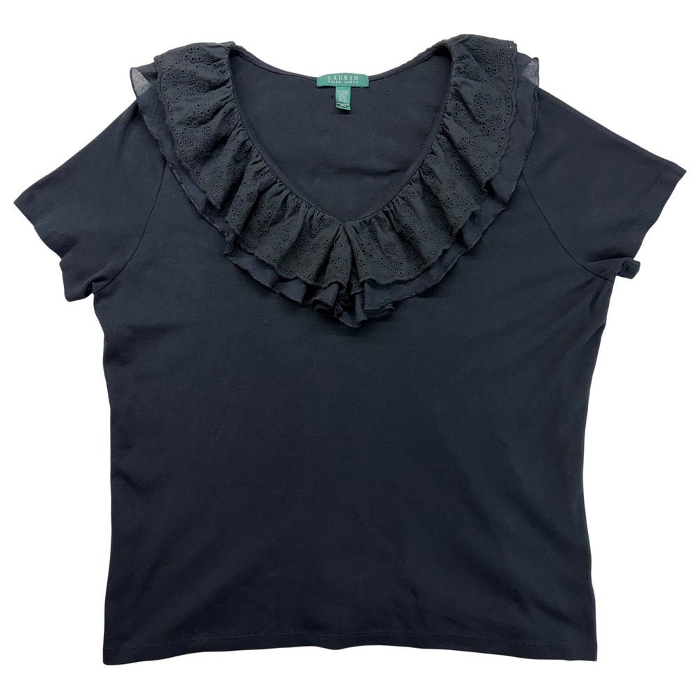 Lauren Ralph Lauren Black Eyelet Ruffle V-Neck Cotton Top 2X Plus Size Short Slv